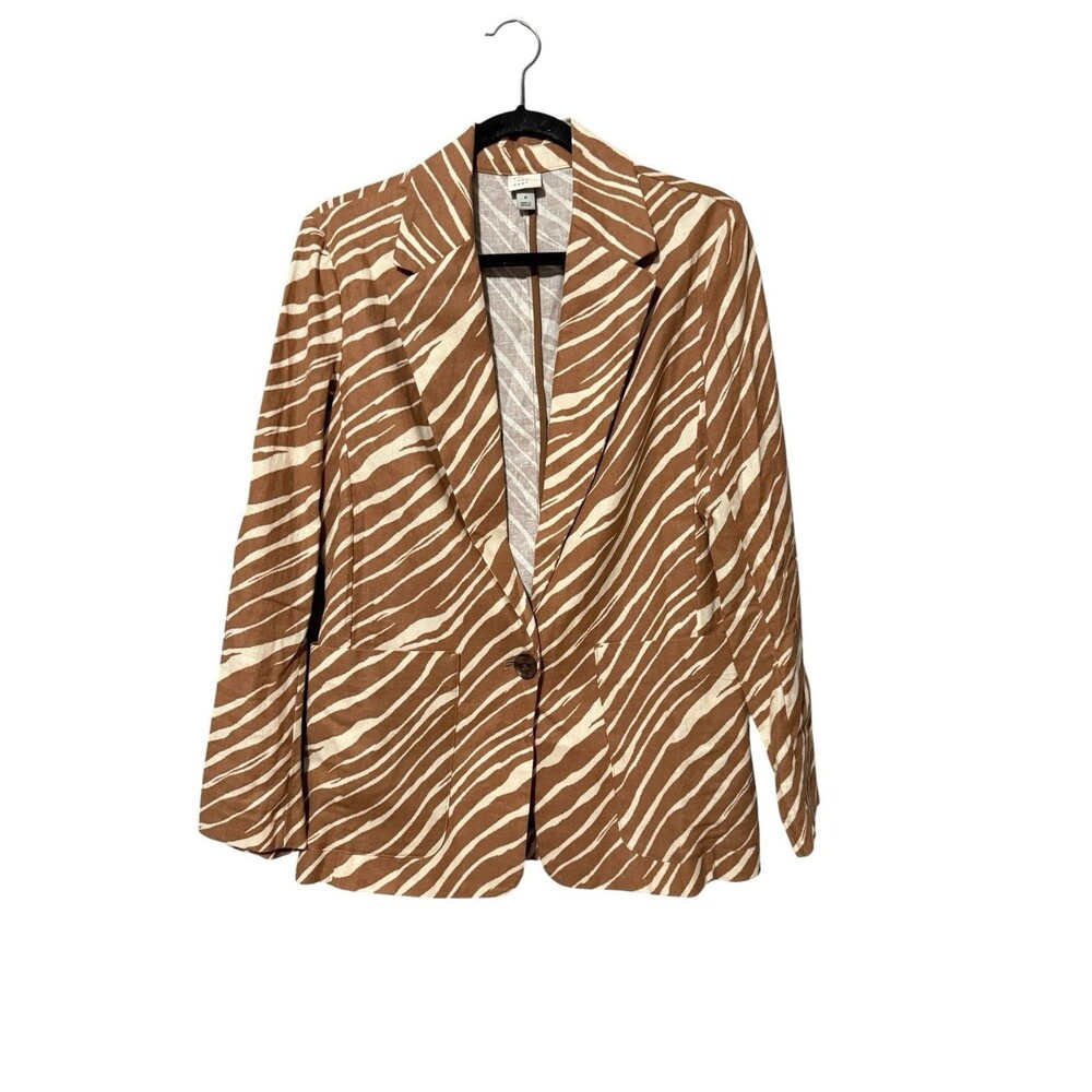 A New Day Zebra Print Linen Blend Blazer Jacket Brown Cream Small